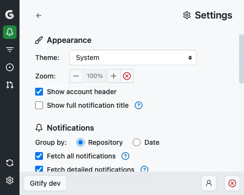 Screenshot for user preferences, settings